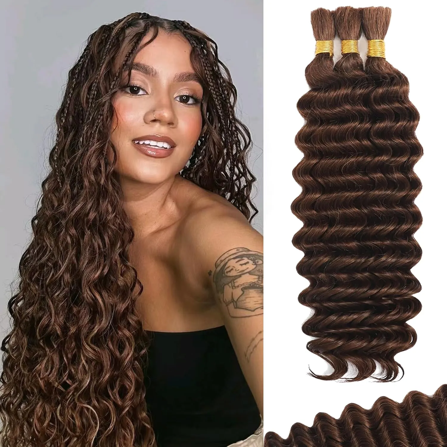 Human Braiding Hair For Boho Braids Deep Water Wave Human Bulk Hair for Braiding 12A Brazilian Virgin Human Hair Extensions for Boho Braids 3 Bundles/Pack 110g Chocolate Brown 20inch