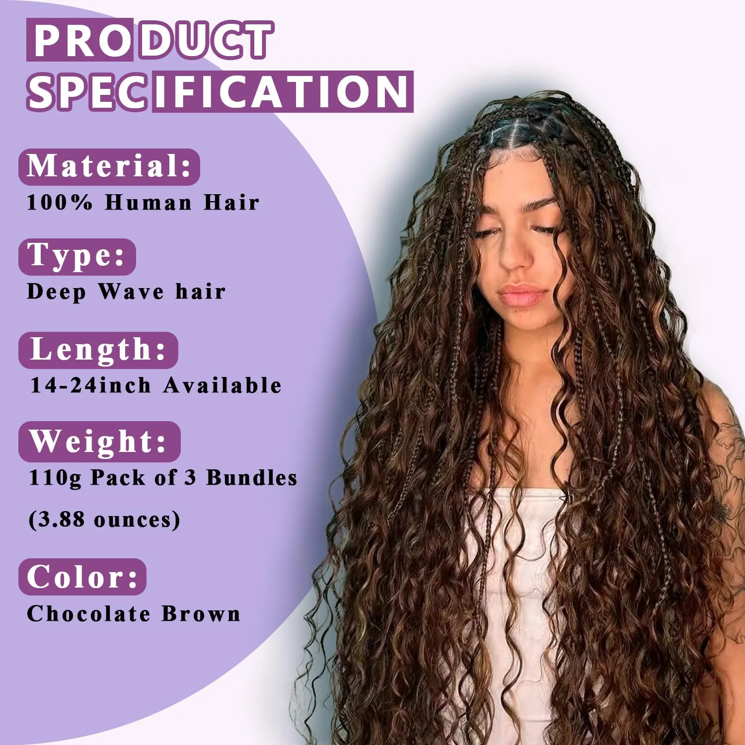 Human Braiding Hair For Boho Braids Deep Water Wave Human Bulk Hair for Braiding 12A Brazilian Virgin Human Hair Extensions for Boho Braids 3 Bundles/Pack 110g Chocolate Brown 20inch