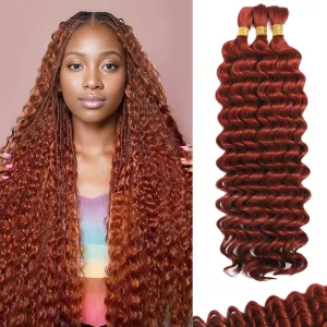 Human Braiding Hair For Boho Braids Deep Water Wave Human Bulk Hair for Braiding 12A Brazilian Virgin Human Hair Extensions for Boho Braids 3 Bundles/Pack 110g Copper 24inch