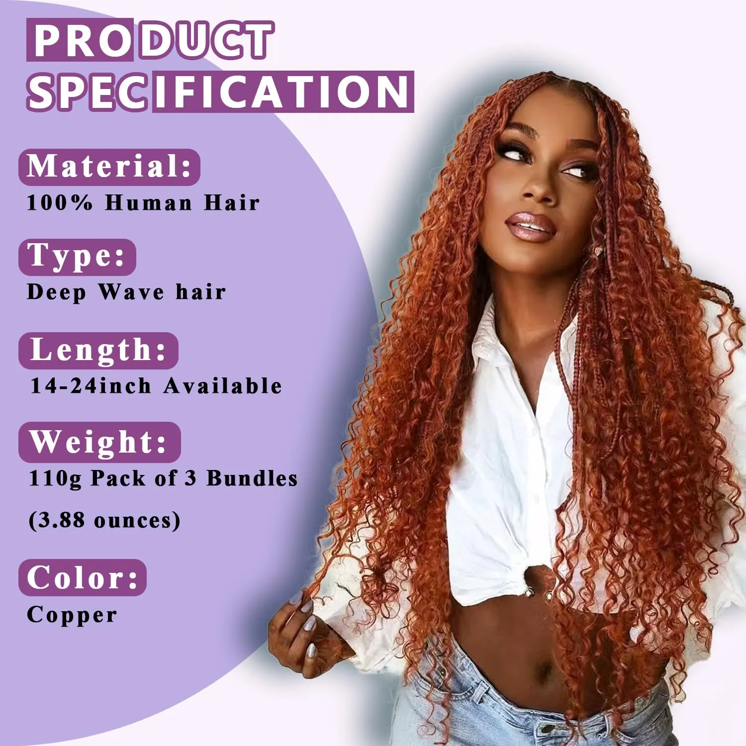 Human Braiding Hair For Boho Braids Deep Water Wave Human Bulk Hair for Braiding 12A Brazilian Virgin Human Hair Extensions for Boho Braids 3 Bundles/Pack 110g Copper 24inch
