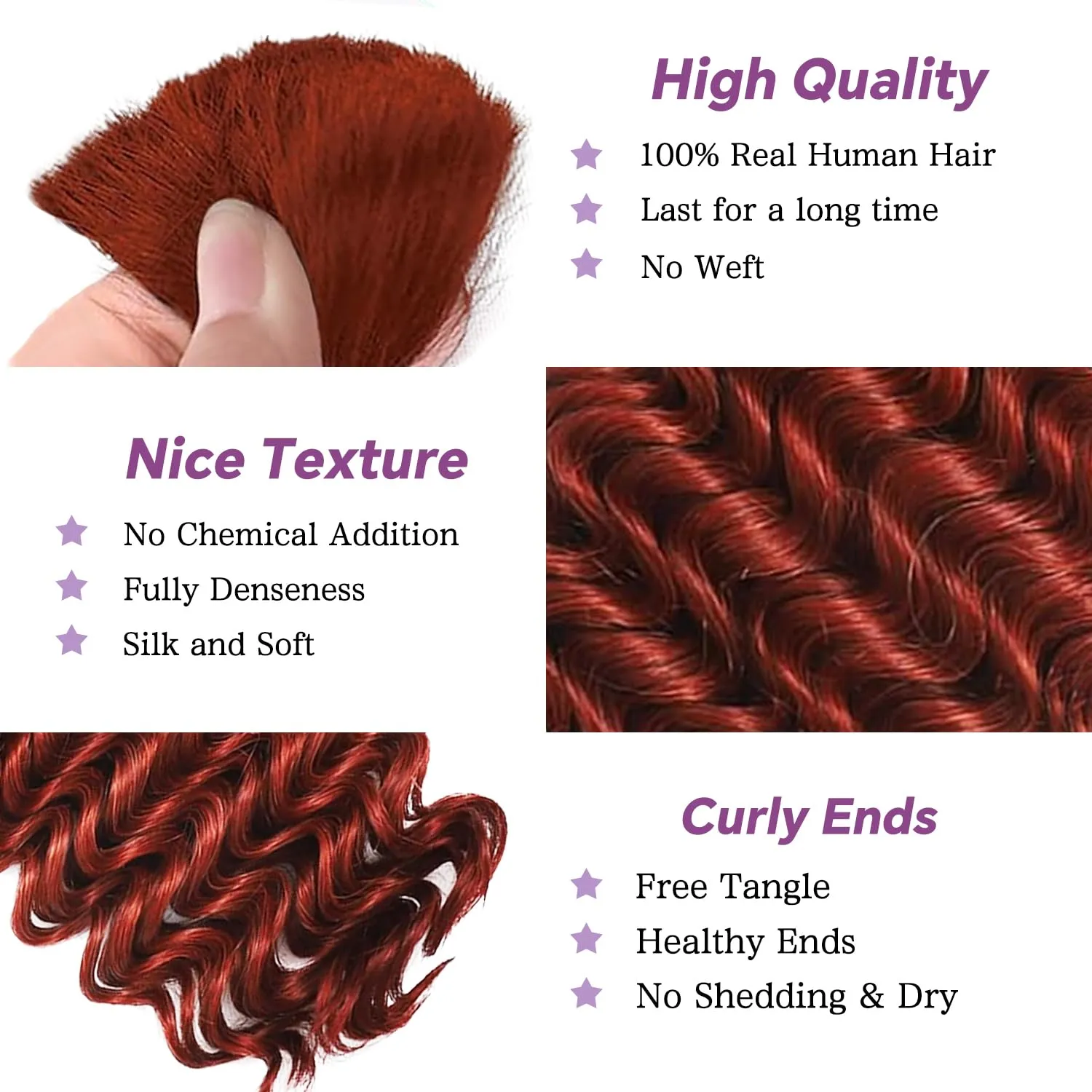 Human Braiding Hair For Boho Braids Deep Water Wave Human Bulk Hair for Braiding 12A Brazilian Virgin Human Hair Extensions for Boho Braids 3 Bundles/Pack 110g Copper 24inch