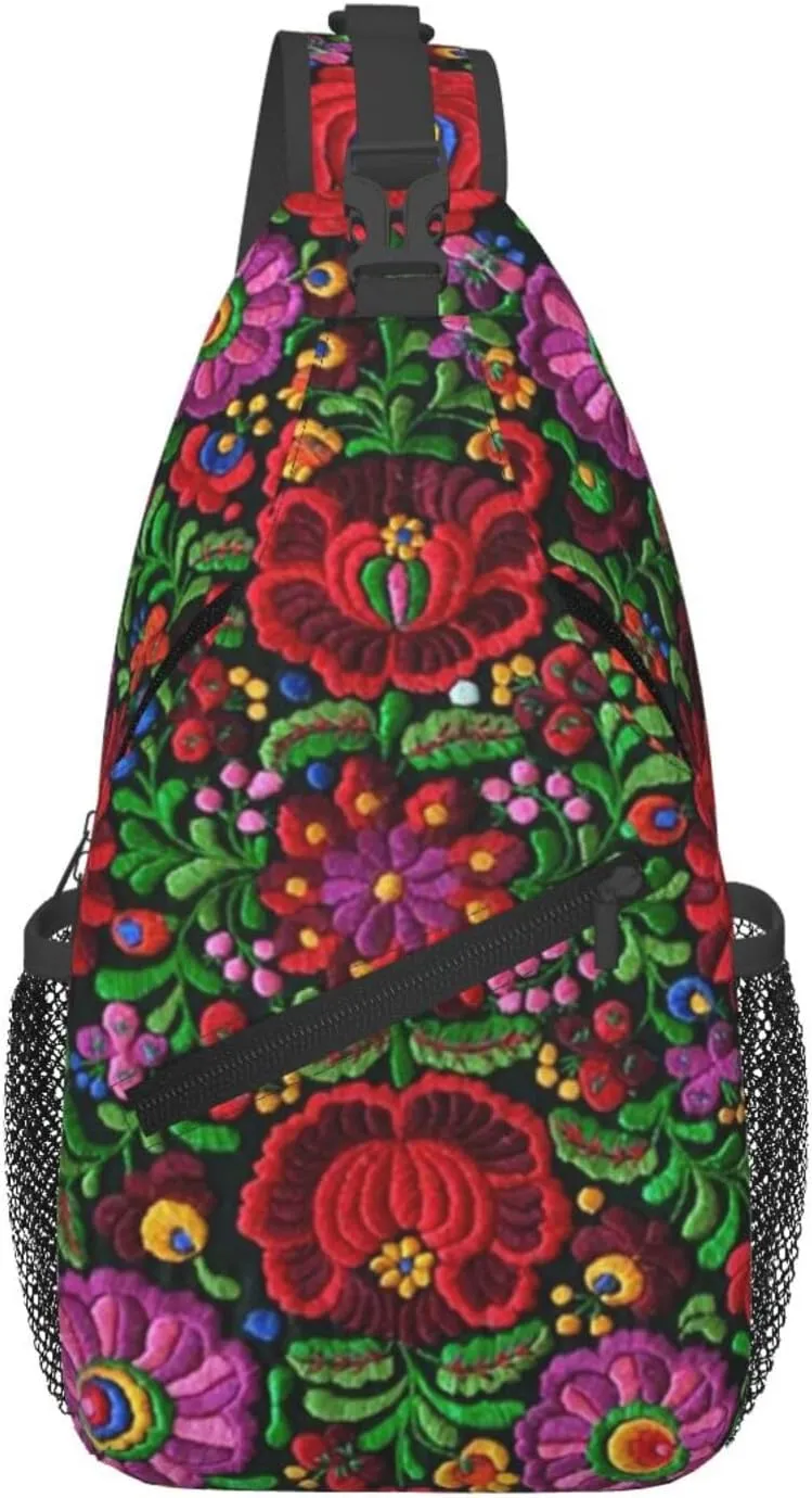 Hungarian Folk Embroidery Flower Chest Bags Sling Backpack Casual Crossbody Shoulder Chest Bag For Travel Hiking Biking Cycling