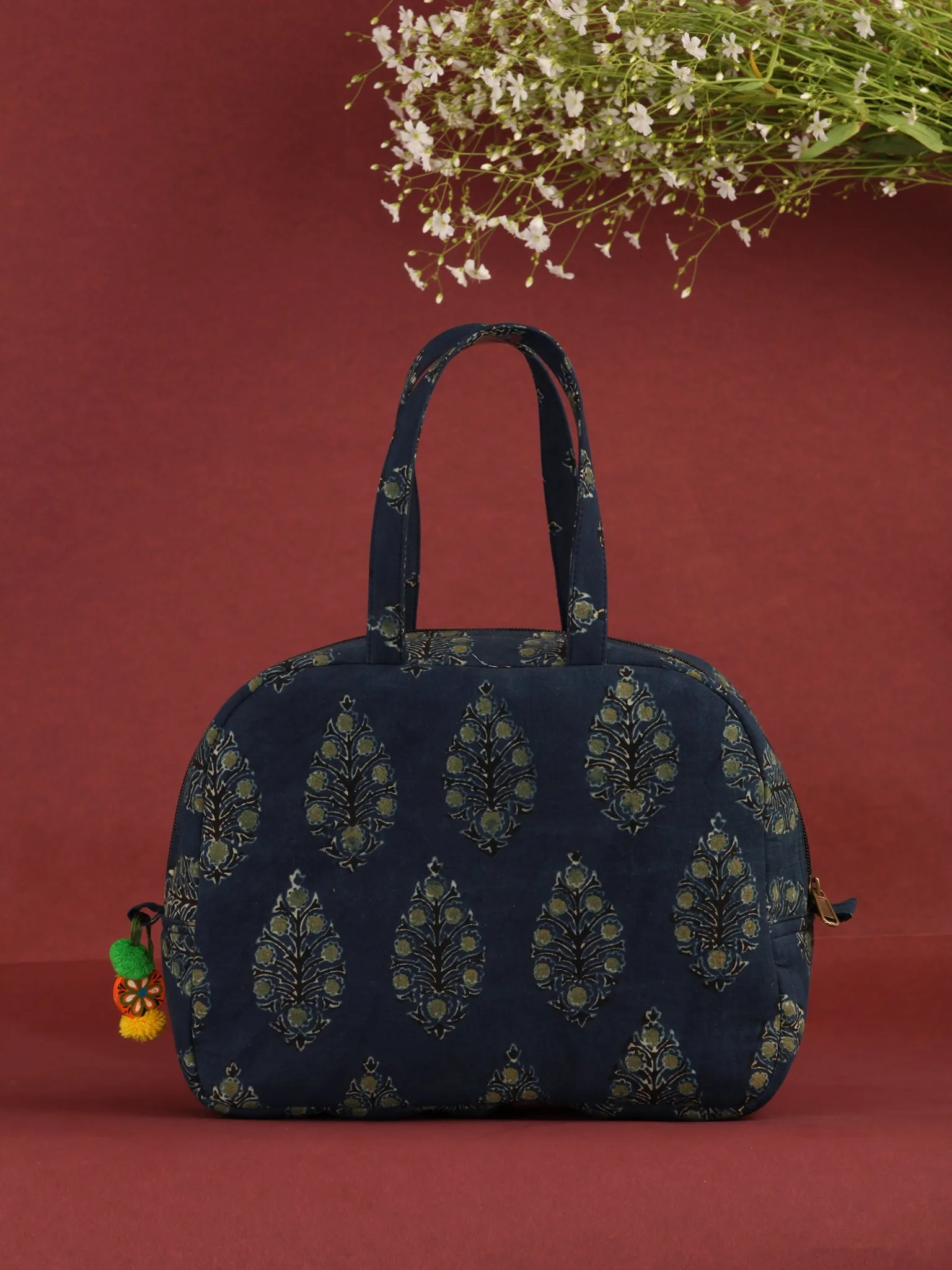 Indigo Green Hand Block Printed Bucket Style Hand Bag - B0704