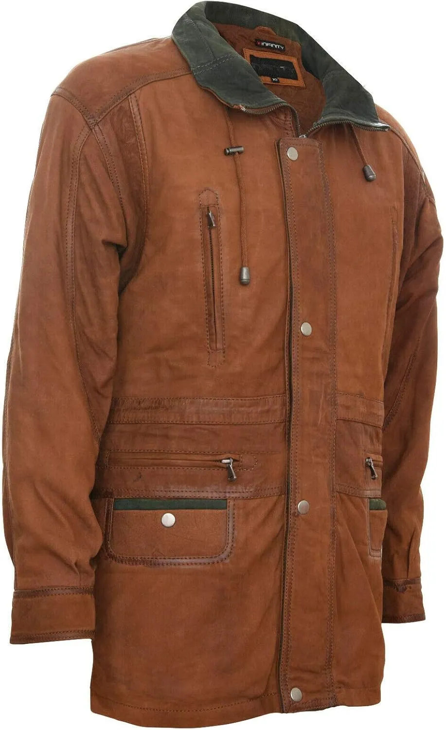 Infinity Leather Men's Classic Green Contrast Soft Supple Suede Buff Overcoat Parka Winter Outdoor Jacket Regular Fit