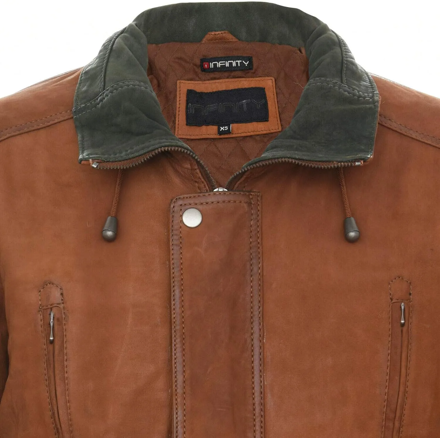 Infinity Leather Men's Classic Green Contrast Soft Supple Suede Buff Overcoat Parka Winter Outdoor Jacket Regular Fit