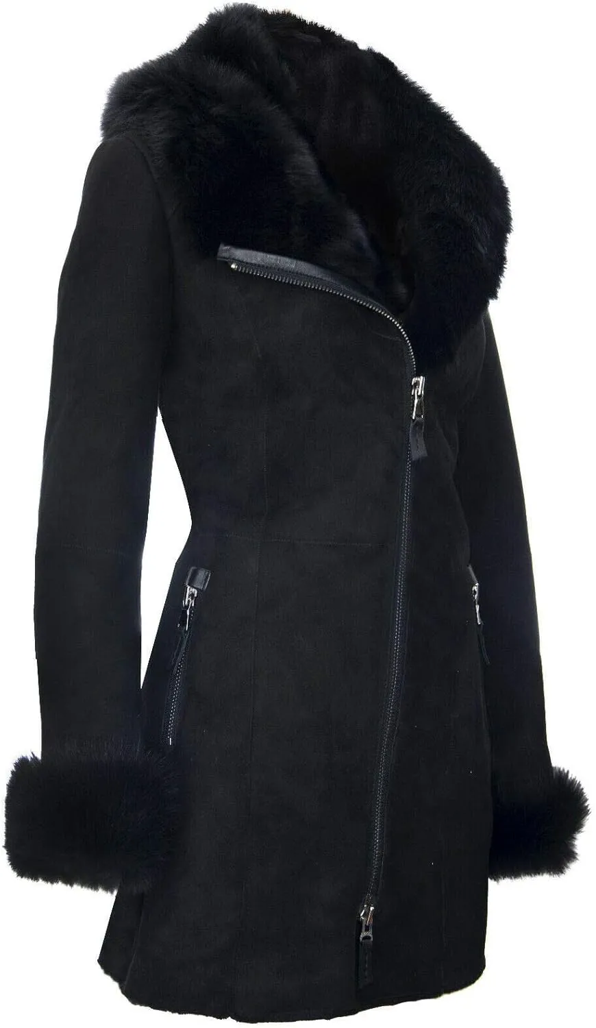 Infinity Leather Women's Black Hooded Suede Merino Shearling Sheepskin Toscana Jacket Coat