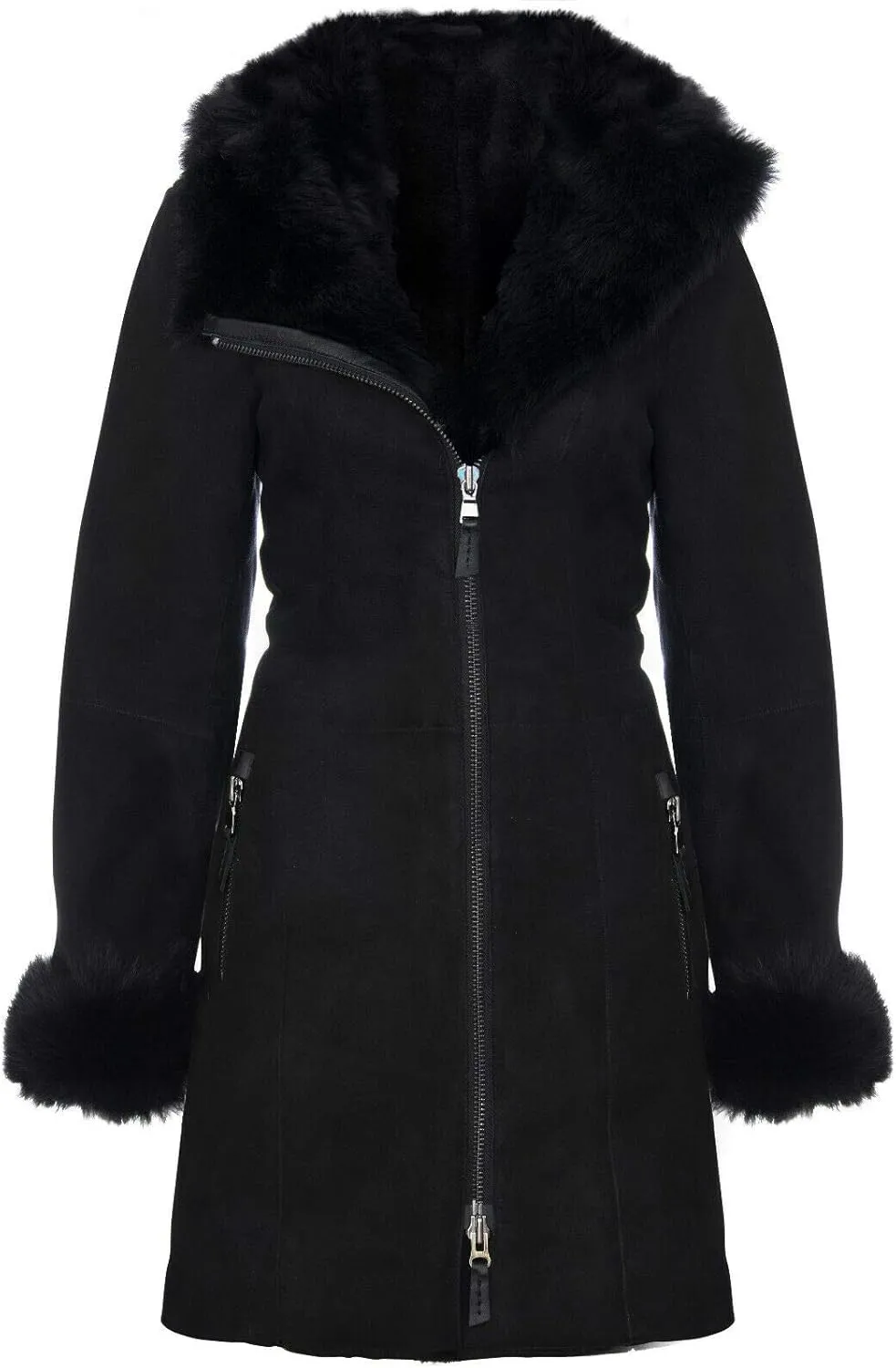 Infinity Leather Women's Black Hooded Suede Merino Shearling Sheepskin Toscana Jacket Coat