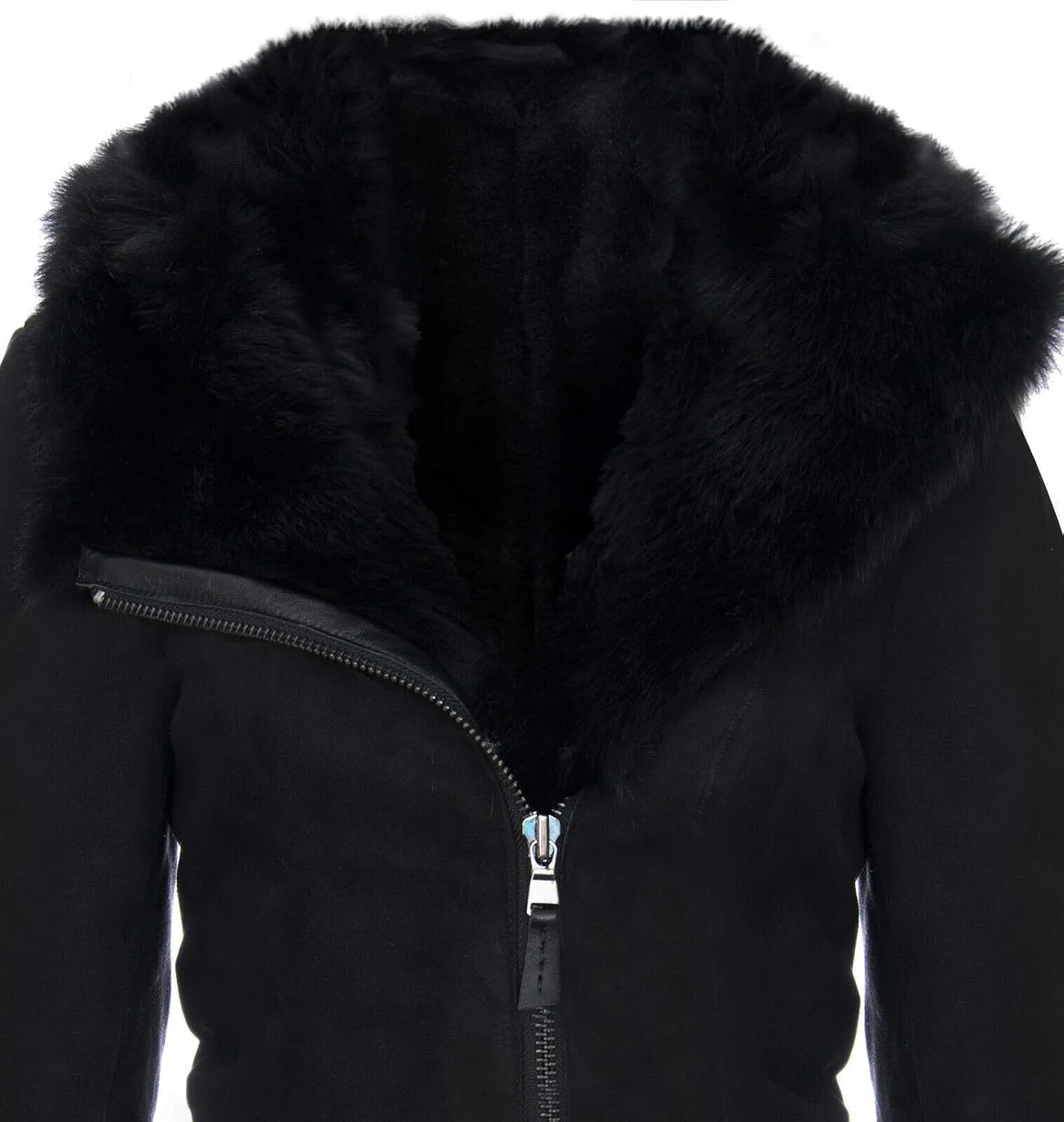 Infinity Leather Women's Black Hooded Suede Merino Shearling Sheepskin Toscana Jacket Coat