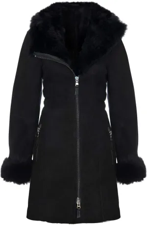 Infinity Leather Women's Black Hooded Suede Merino Shearling Sheepskin Toscana Jacket Coat