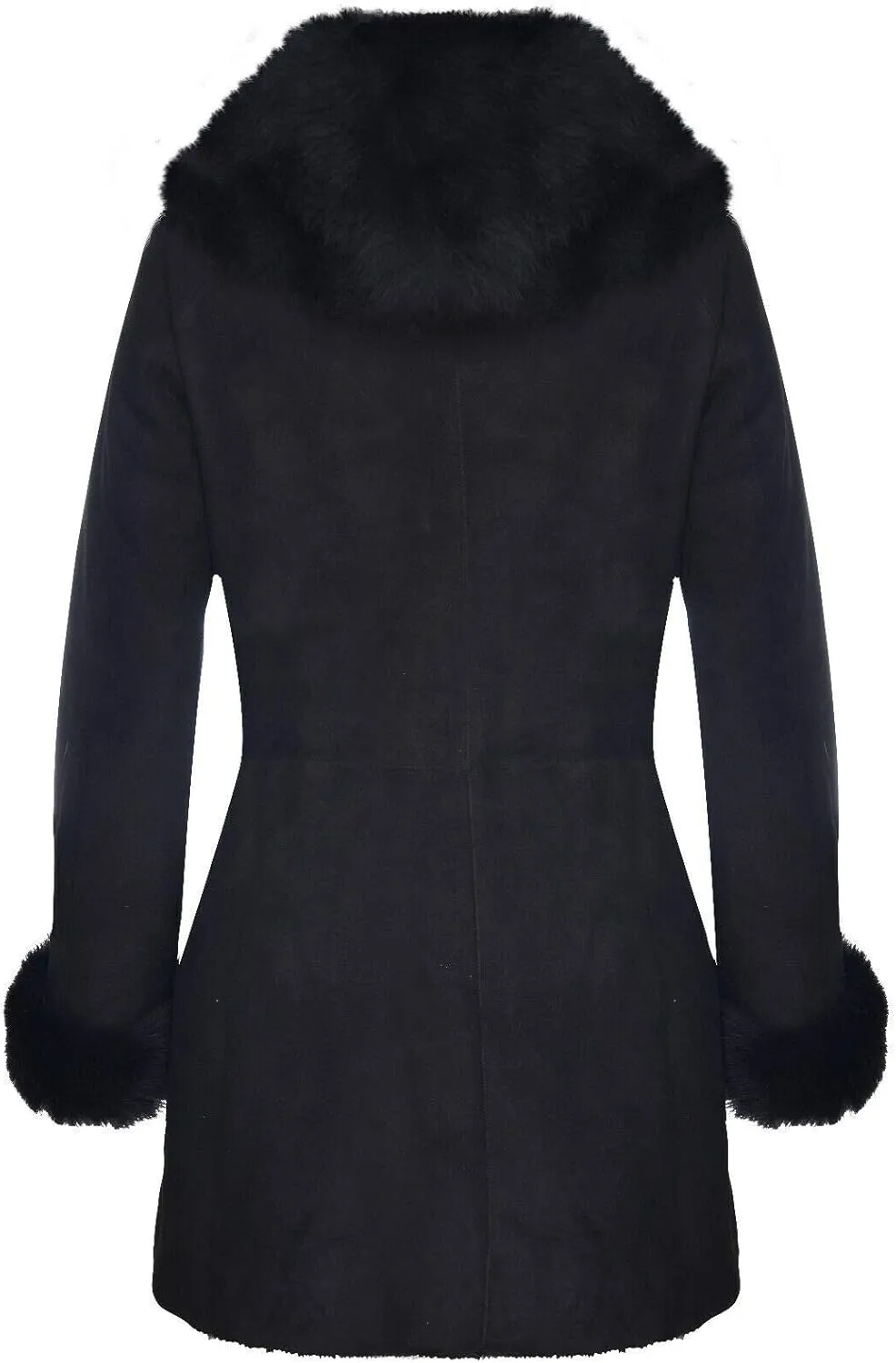 Infinity Leather Women's Black Hooded Suede Merino Shearling Sheepskin Toscana Jacket Coat