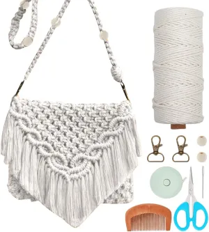 INFUNLY White DIY Macrame Bag Making Kit Boho Macrame Shoulder Bag with Tassels Macrame Knotting Tote Bag Kit for Adults Beginners Macrame Kit for Holiday with Video Instruction for Women Beach Gift