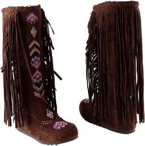Inornever Knee High Boots for Women Moccasins Embroidered Fringe Booties Cowboy Winter Comfortable Warm Vintage Flat Heel Cowgirl Western Suede Long Snow Tassel Boots