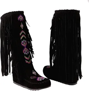 Inornever Knee High Boots for Women Moccasins Embroidered Fringe Booties Cowboy Winter Comfortable Warm Vintage Flat Heel Cowgirl Western Suede Long Snow Tassel Boots