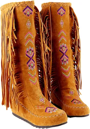Inornever Knee High Boots for Women Moccasins Embroidered Fringe Booties Cowboy Winter Comfortable Warm Vintage Flat Heel Cowgirl Western Suede Long Snow Tassel Boots