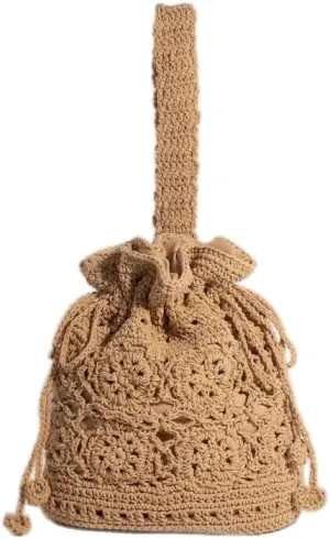 Intricate Braided Single Strap Drawstring Bag (Camel)