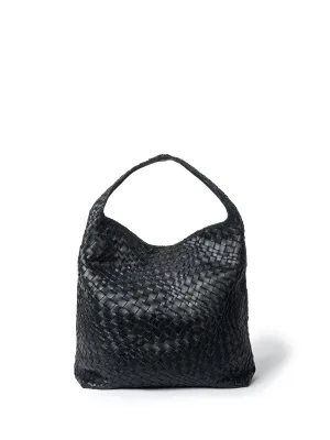 ISLA LEATHER WOVEN HOBO BAG - BLACK