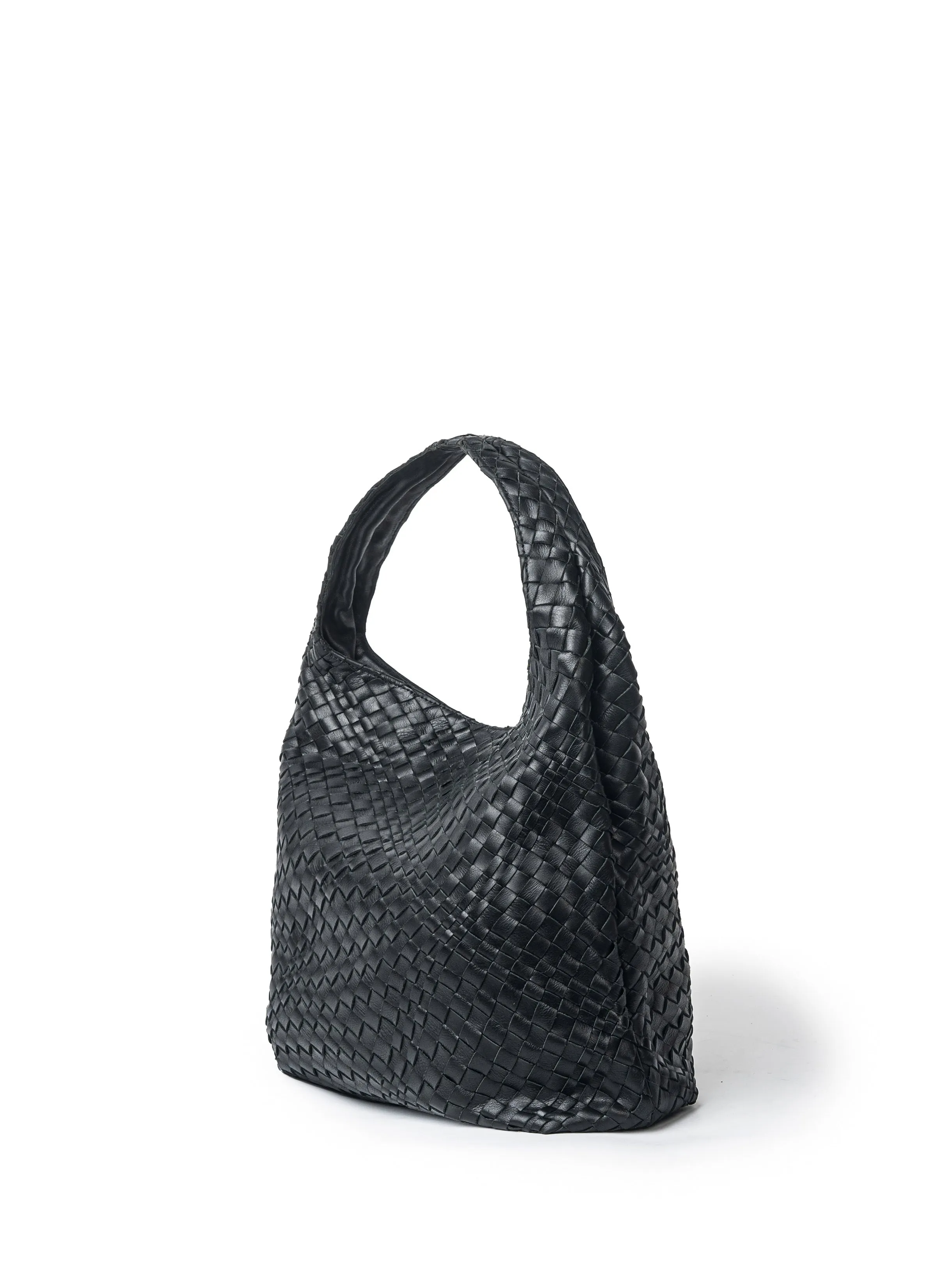 ISLA LEATHER WOVEN HOBO BAG - BLACK