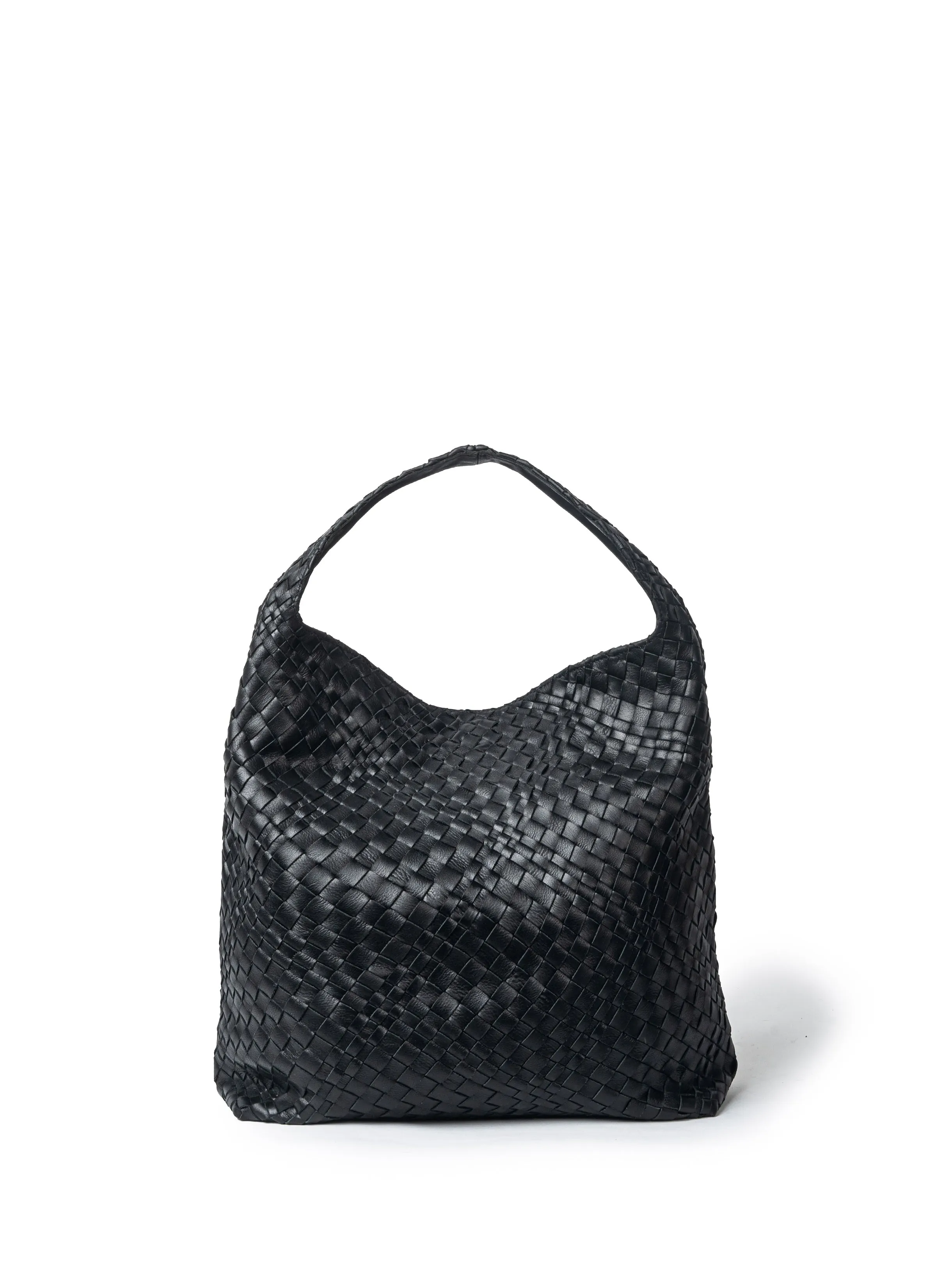 ISLA LEATHER WOVEN HOBO BAG - BLACK