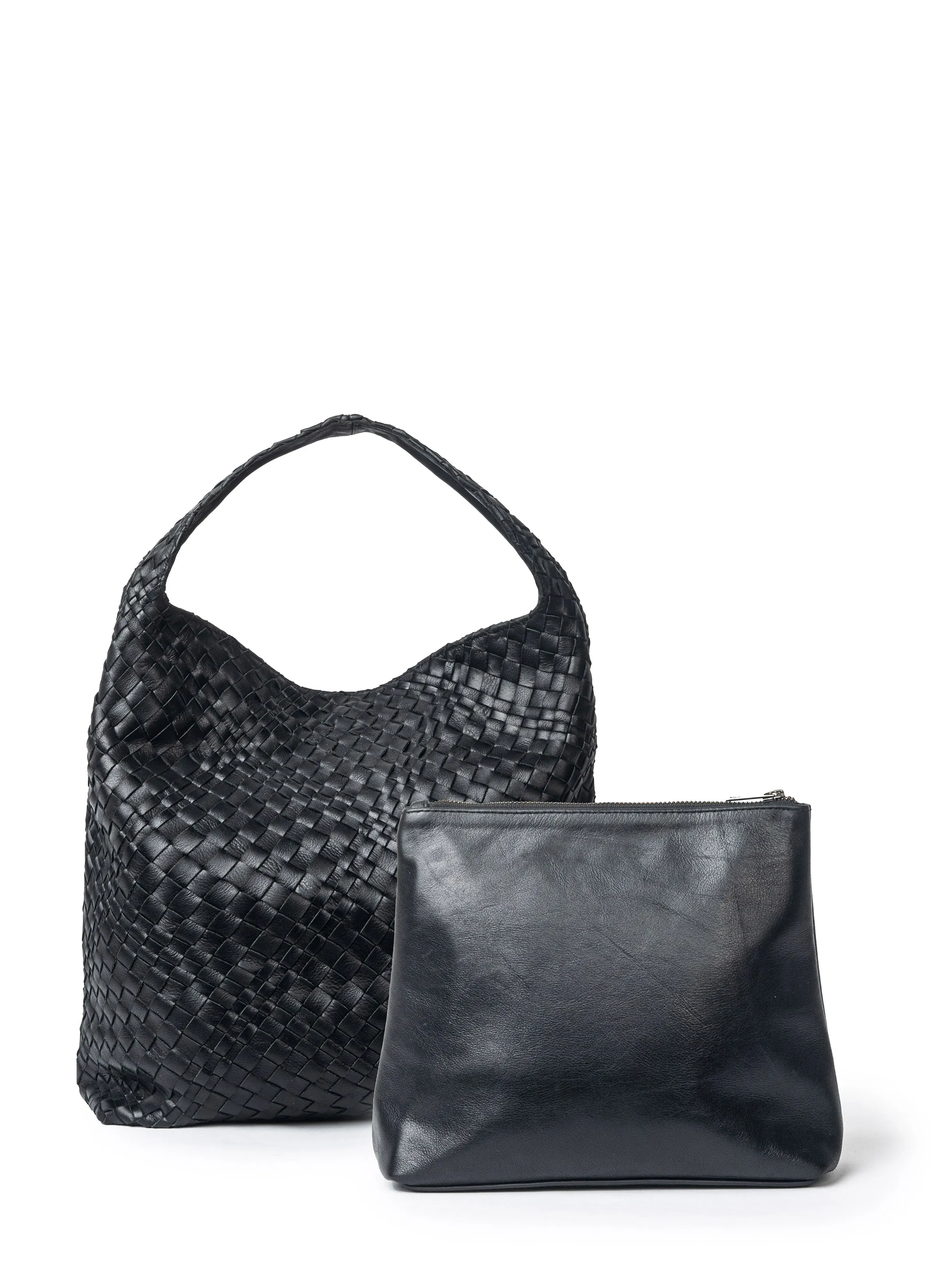 ISLA LEATHER WOVEN HOBO BAG - BLACK