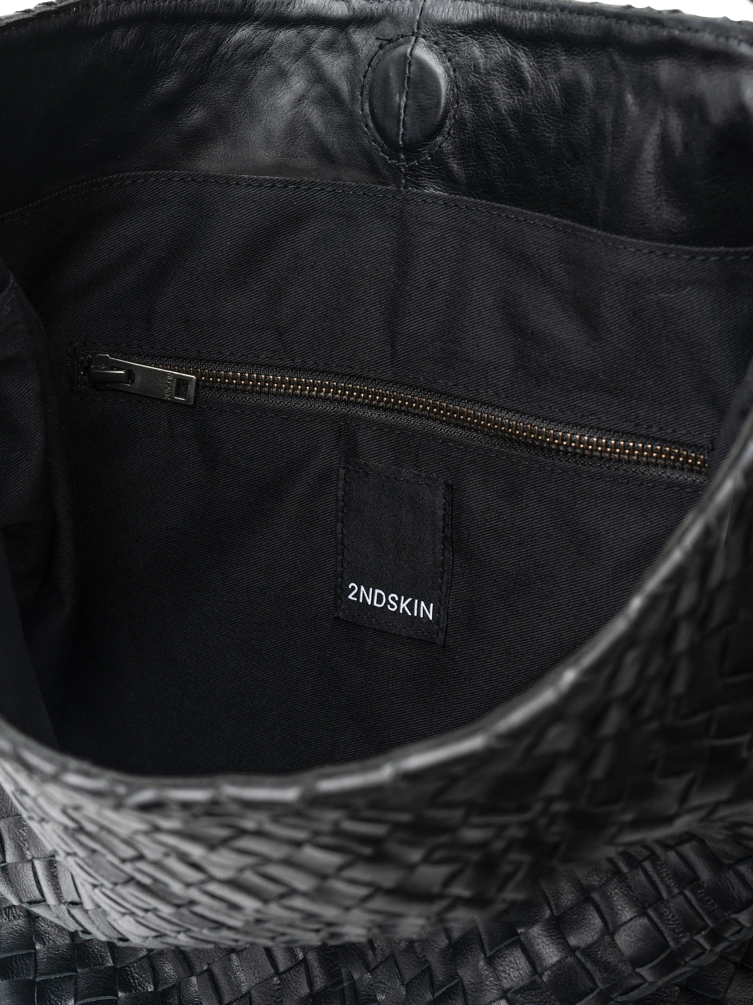 ISLA LEATHER WOVEN HOBO BAG - BLACK