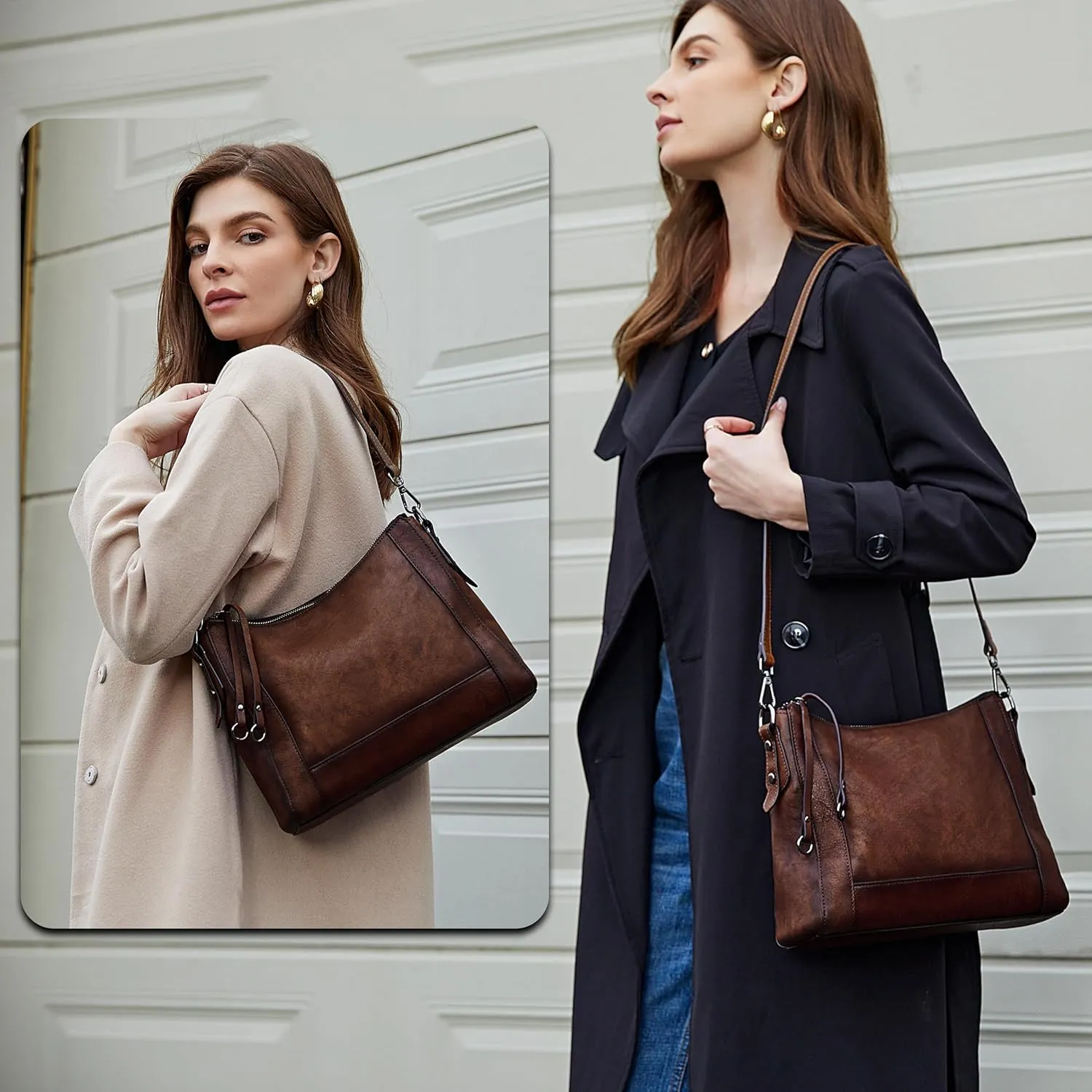 Iswee Genuine Leather Crossbody Bags for Women Satchel Purse Hobo Handbag Ladies Vintage Shoulder Bag Work