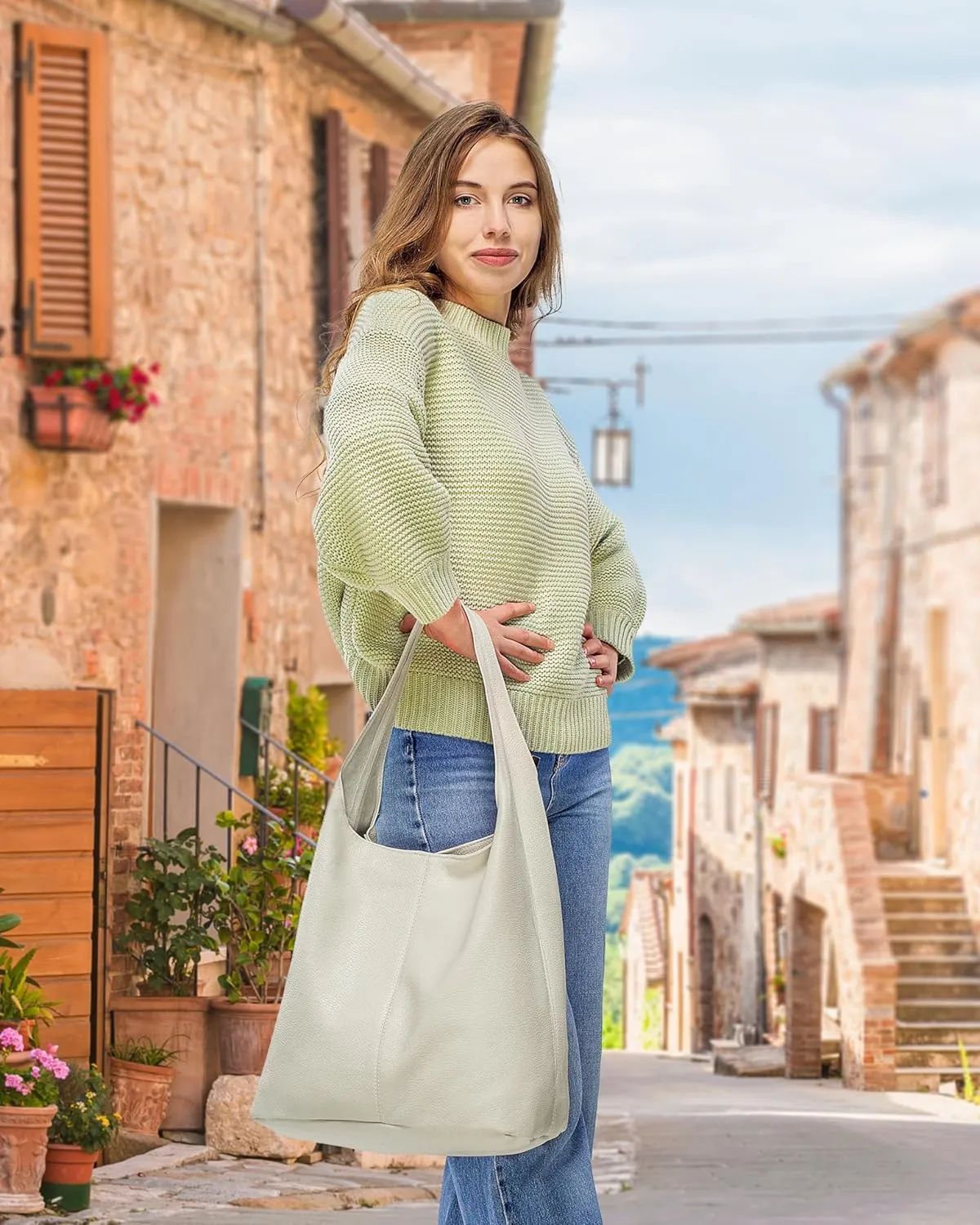 Italian Genuine Calf Leather Hobo Bag for Women with Zipper | Large Soft Slouchy Unlined Shoulder Handbag Tote Bucket Purse