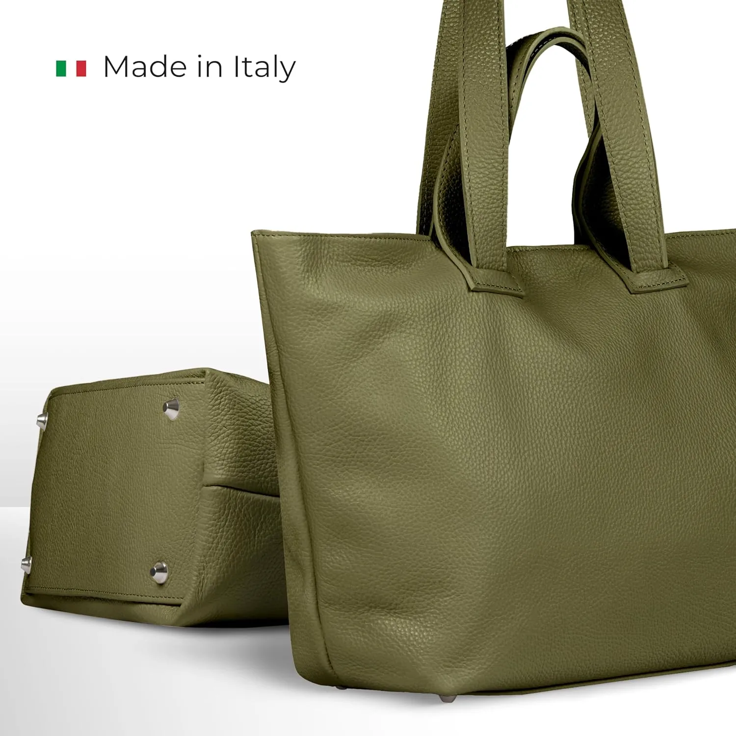 Italian Genuine Calf Leather Tote Satchel Bag for Women with Zipper & Double Straps | Wide Large Work Laptop Shoulder Handbag