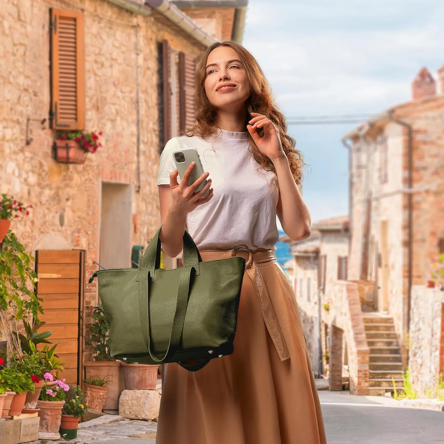 Italian Genuine Calf Leather Tote Satchel Bag for Women with Zipper & Double Straps | Wide Large Work Laptop Shoulder Handbag