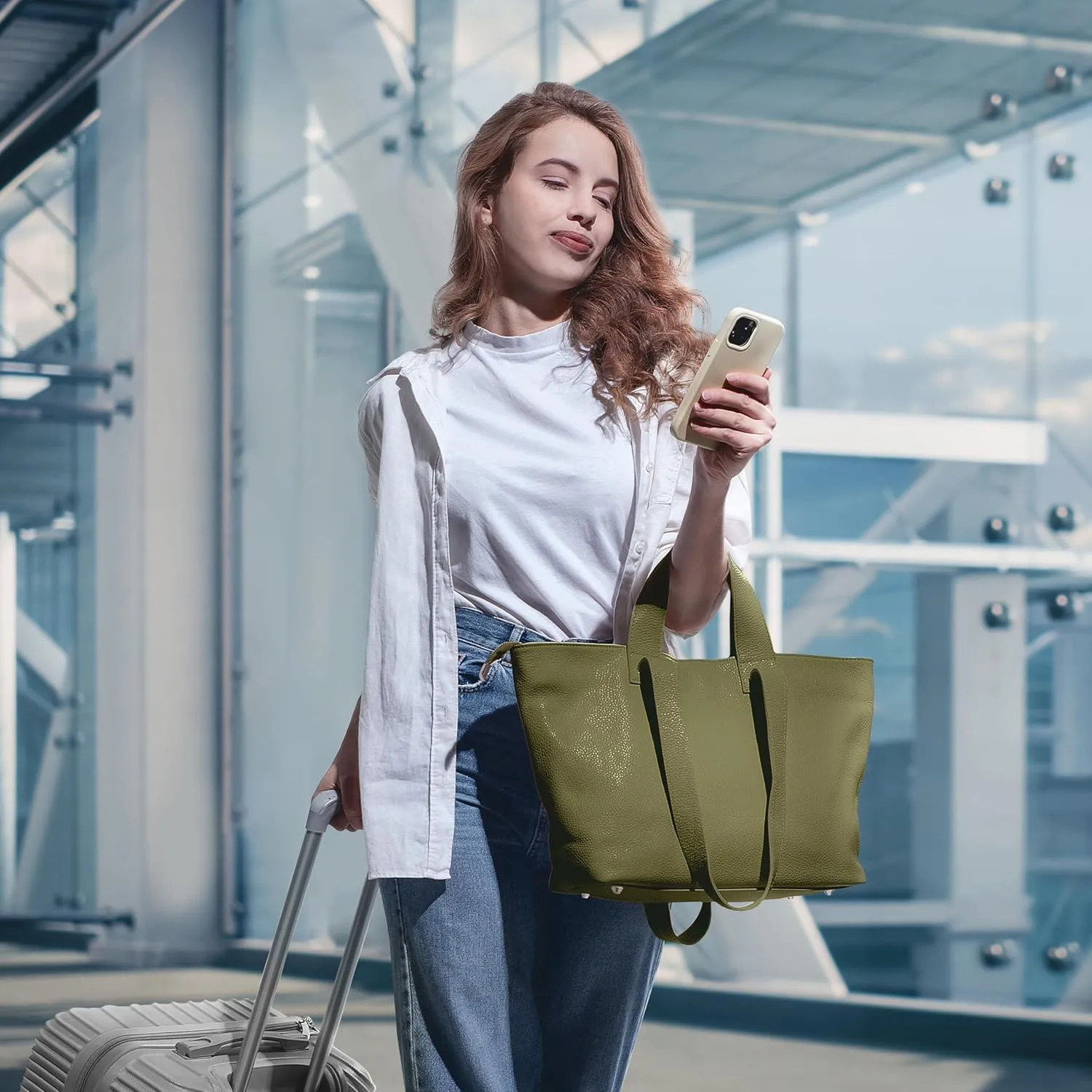 Italian Genuine Calf Leather Tote Satchel Bag for Women with Zipper & Double Straps | Wide Large Work Laptop Shoulder Handbag