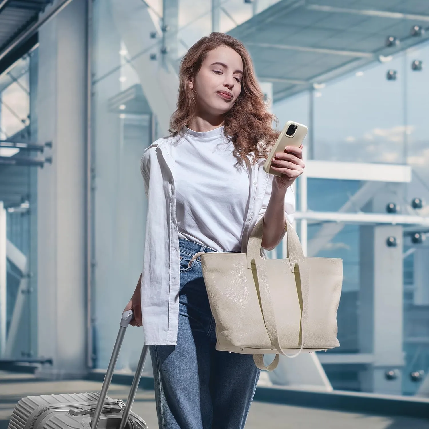 Italian Genuine Calf Leather Tote Satchel Bag for Women with Zipper & Double Straps | Wide Large Work Laptop Shoulder Handbag