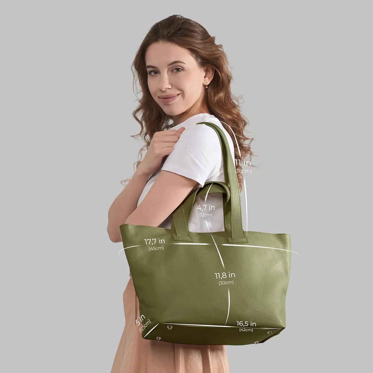 Italian Genuine Calf Leather Tote Satchel Bag for Women with Zipper & Double Straps | Wide Large Work Laptop Shoulder Handbag
