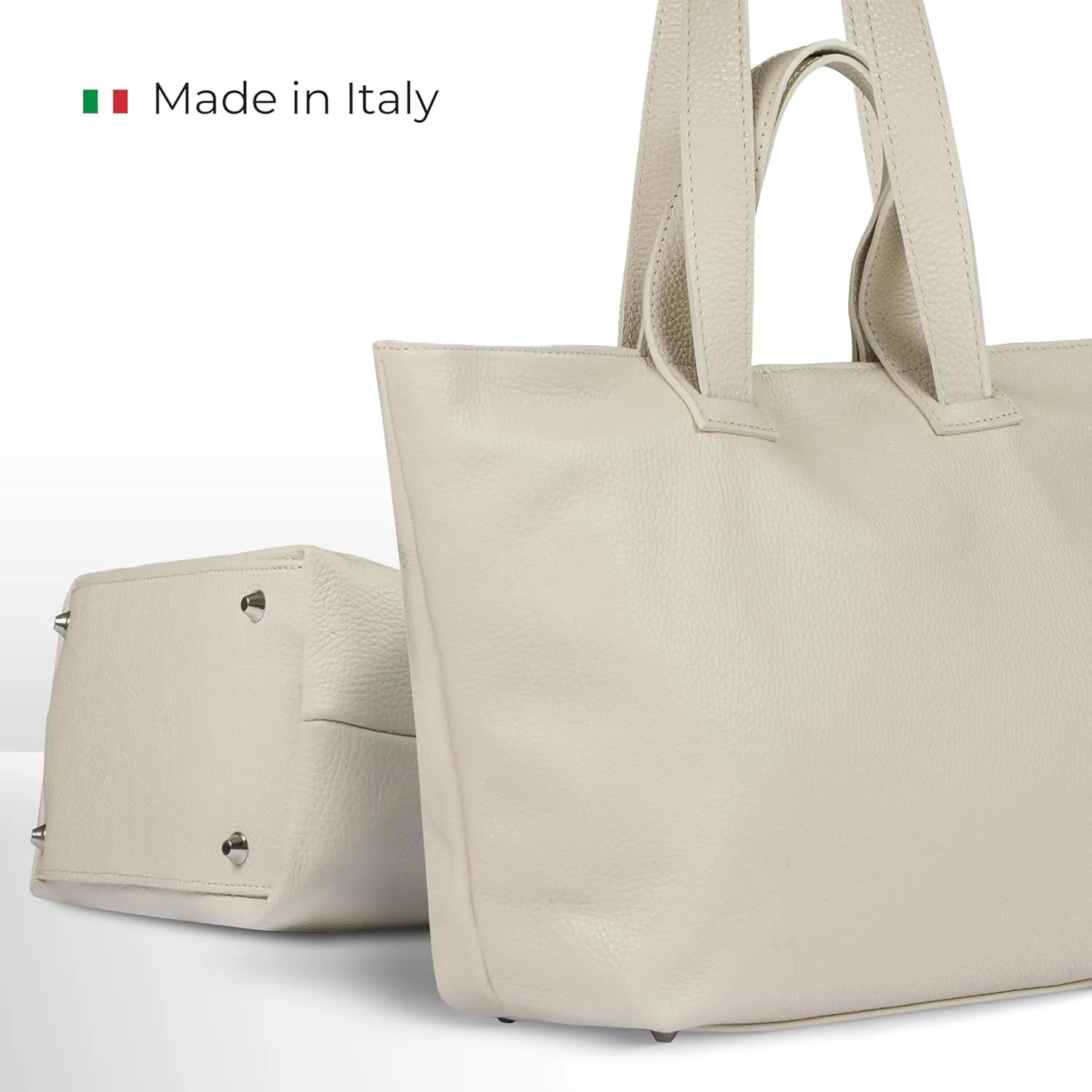 Italian Genuine Calf Leather Tote Satchel Bag for Women with Zipper & Double Straps | Wide Large Work Laptop Shoulder Handbag