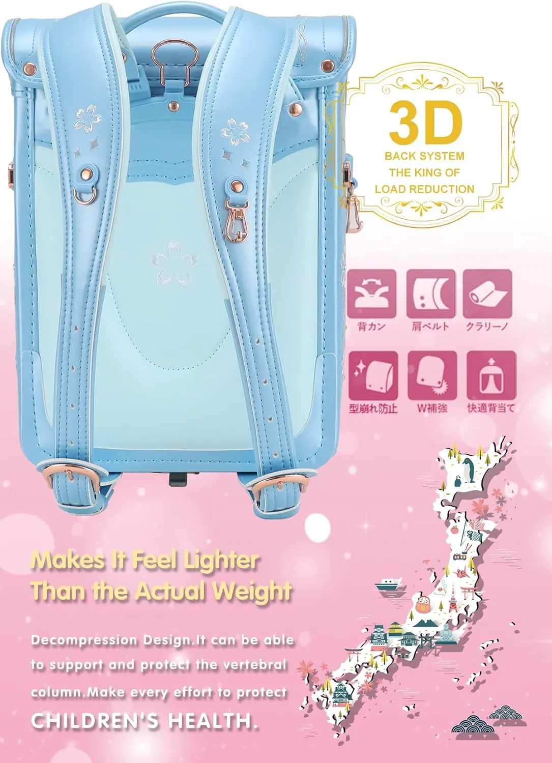 IwaiLoft Ransel Randoseru Backpack Automatic Satchel Japanese School Bag Cherry Blossom Sakura Embroidery PU Bookbag for Girls (Blue)