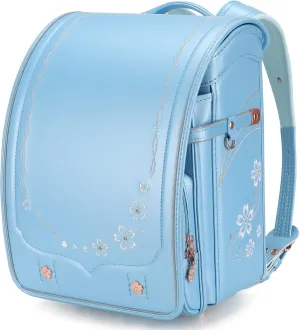 IwaiLoft Ransel Randoseru Backpack Automatic Satchel Japanese School Bag Cherry Blossom Sakura Embroidery PU Bookbag for Girls (Blue)
