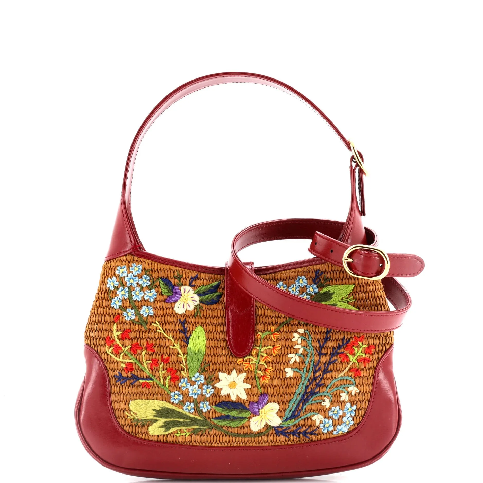 Jackie 1961 Hobo Embroidered Straw with Leather Small