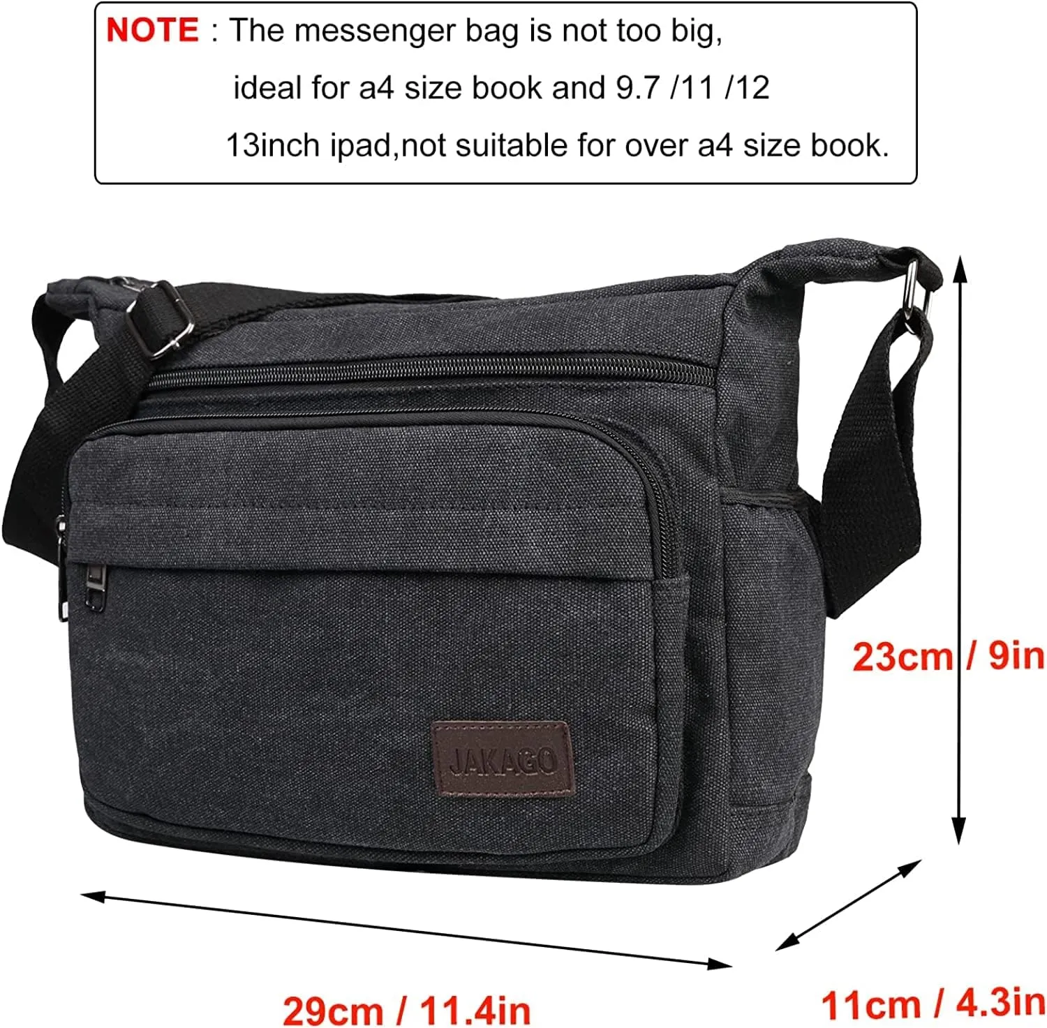 JAKAGO 13" Canvas Messenger Bag Multi Pockets Cross body Bag for Daily Use Satchel Bag for Business Travel