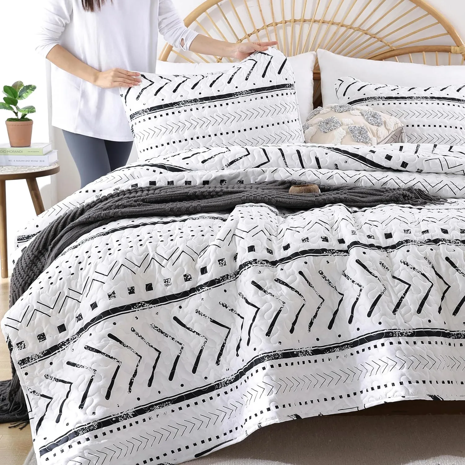 JANZAA Quilt Boho Bedding Set Queen Size – Lightweight Geometric Bedspread Coverlet, Soft Polyester Bedding Set for All Season, Machine Washable(Two Pillow Cases, White)