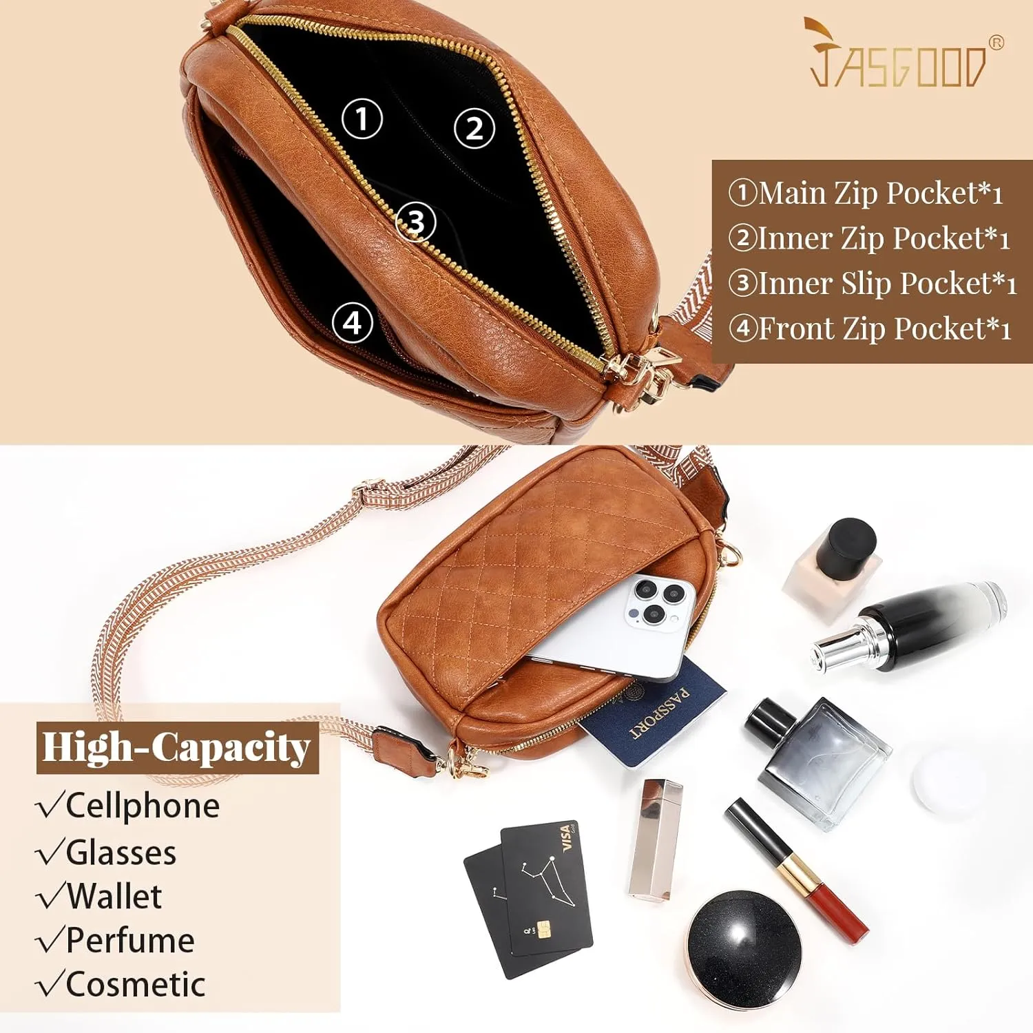 JASGOOD Crossbody Bags for Women, Leather Shoulder Purse and Handbags with Adjustable Strap