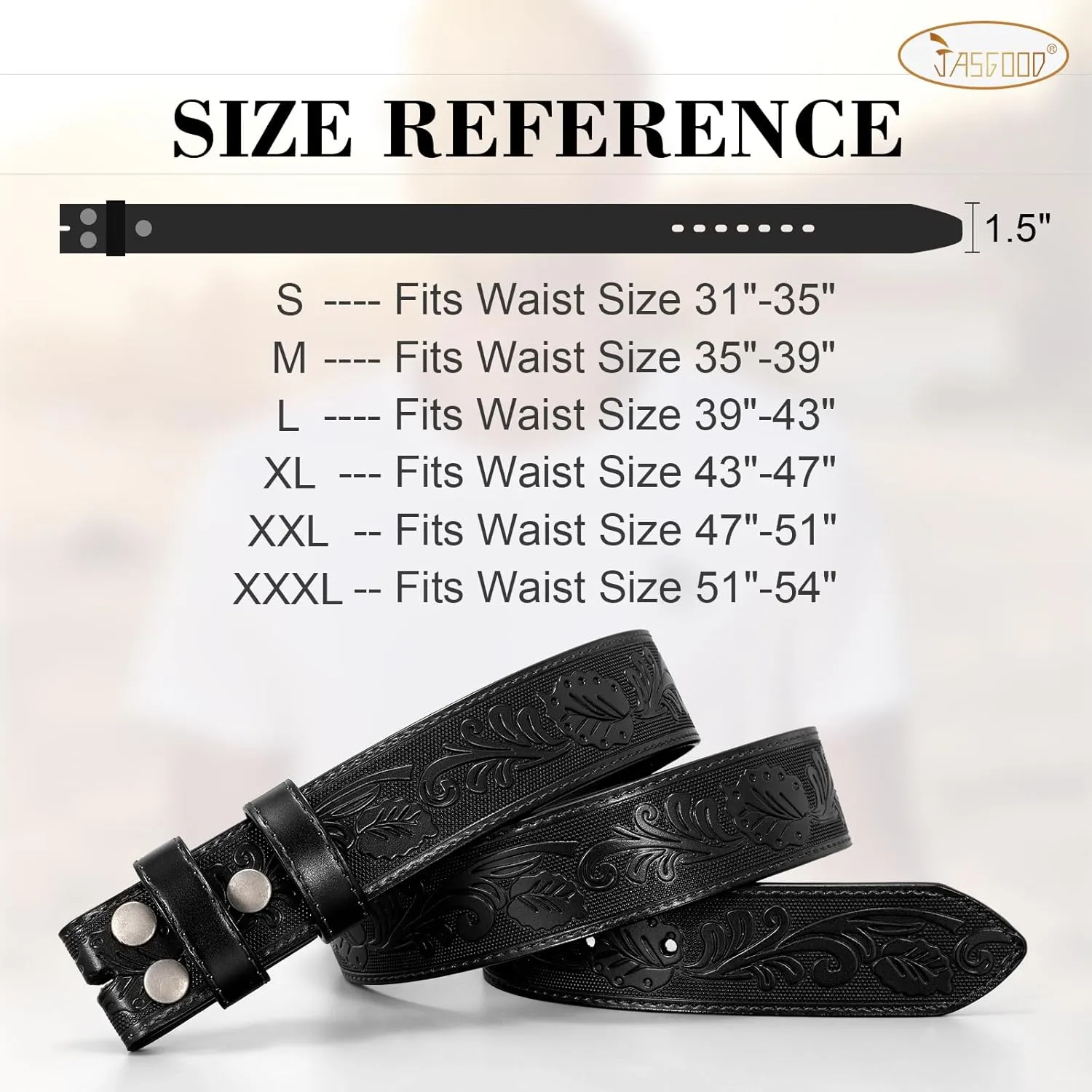 JASGOOD Mens Western Leather Belt Strap Without Buckle 1.5" Vintage Replacement Cowboy Leather Belt Strap with Snap on Buckle