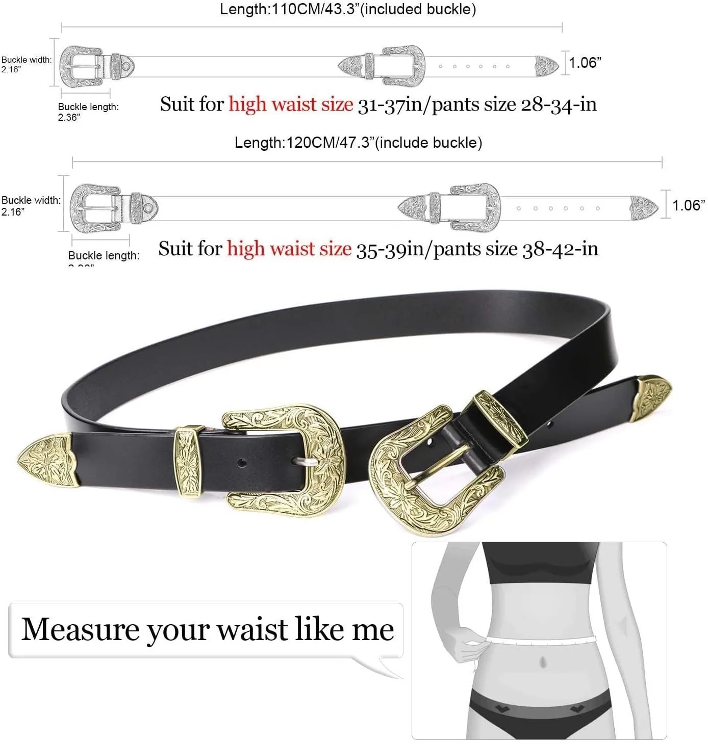 JASGOOD Women Leather Belts Ladies Vintage Western Design Black Waist Belt for Pants Dresses