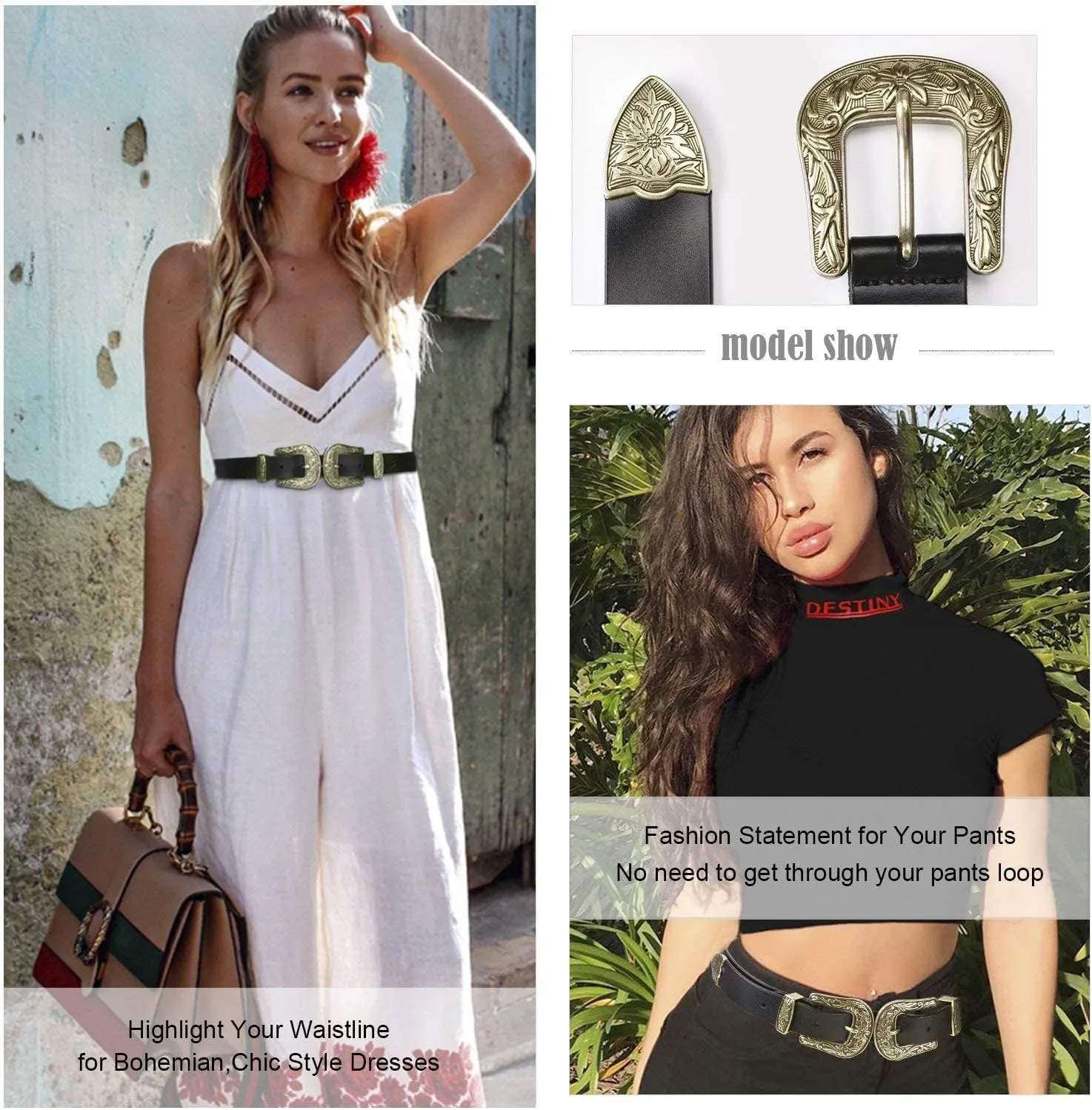 JASGOOD Women Leather Belts Ladies Vintage Western Design Black Waist Belt for Pants Dresses