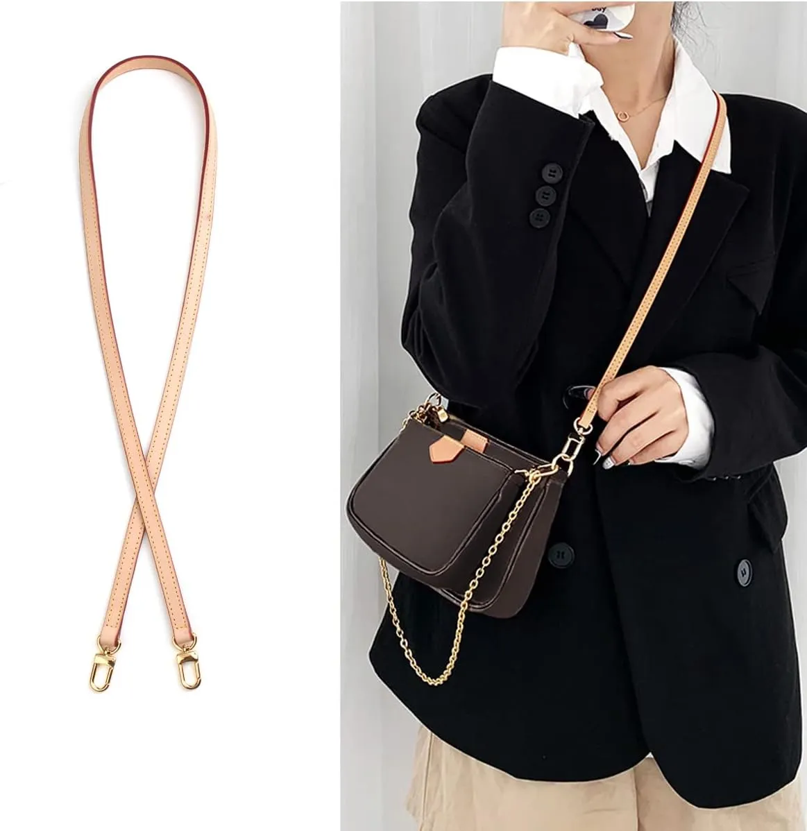 Jiesinlov Vachetta Leather Replacement Crossbody Bags Strap Shoulder Strap for Multi Pochette Accessories (0.43Width Double Buckles 40.9Length)