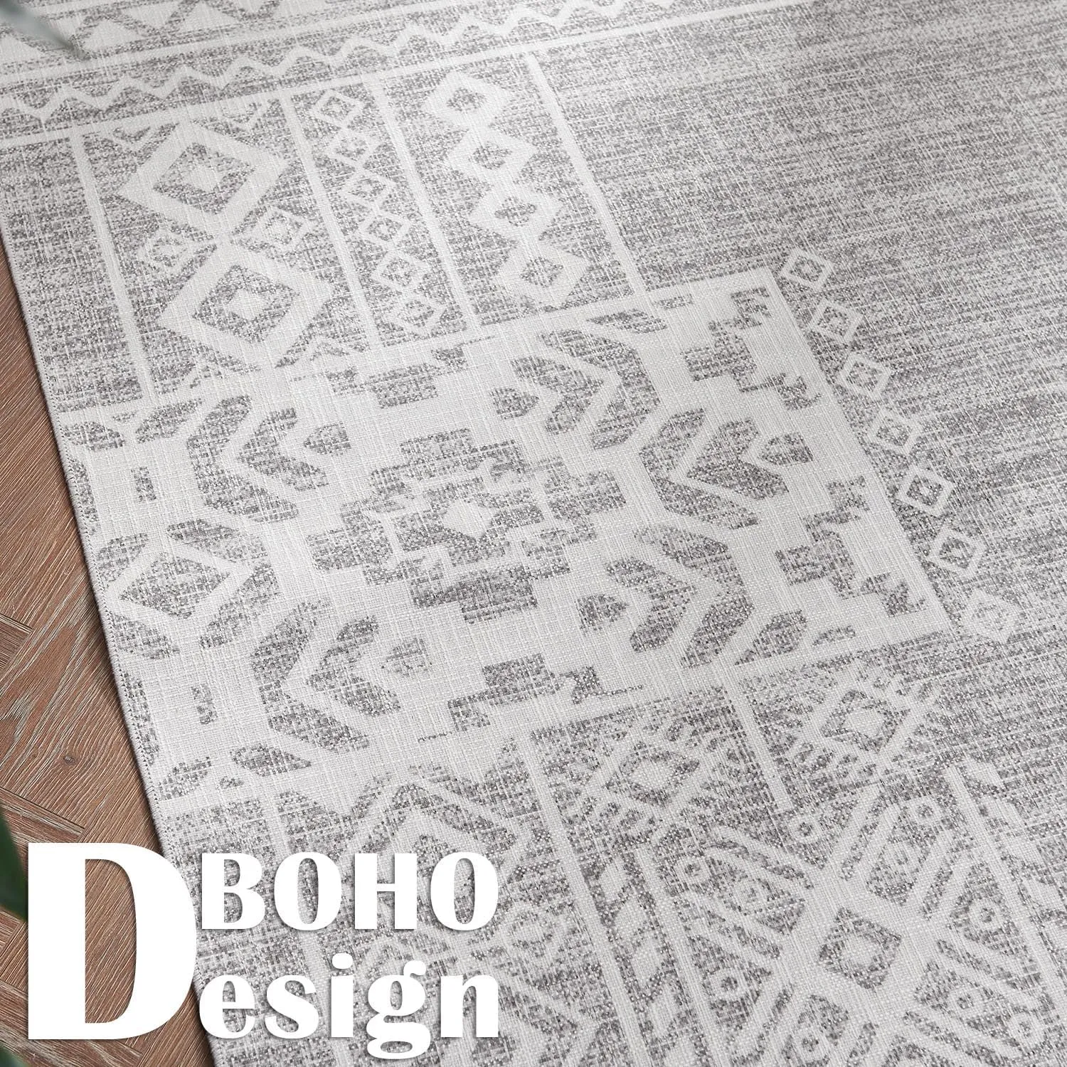 jinchan Runner Rug - 3x10 Vintage Hallway Kitchen Runner, Ultra-Thin Washable Rug, Boho Mat Geometric, Non-Slip Non-Shedding Carpet for Bedroom Living Room Stairway(3x10ft, Grey Ivory)
