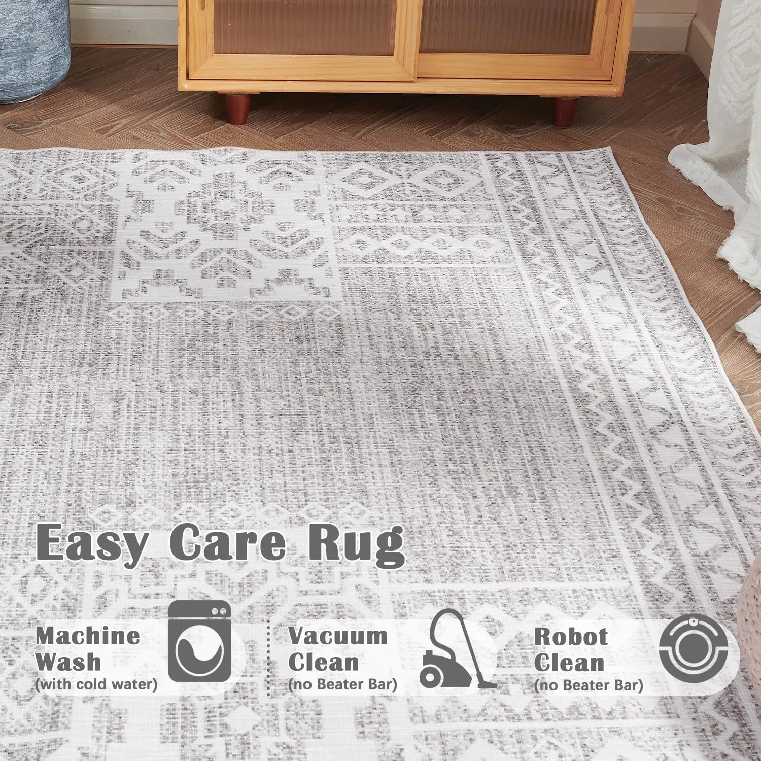 jinchan Runner Rug - 3x10 Vintage Hallway Kitchen Runner, Ultra-Thin Washable Rug, Boho Mat Geometric, Non-Slip Non-Shedding Carpet for Bedroom Living Room Stairway(3x10ft, Grey Ivory)