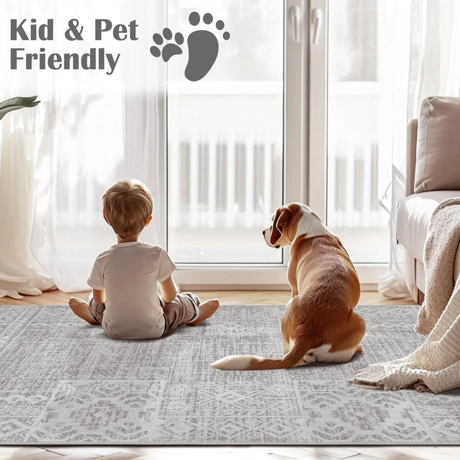 jinchan Runner Rug - 3x10 Vintage Hallway Kitchen Runner, Ultra-Thin Washable Rug, Boho Mat Geometric, Non-Slip Non-Shedding Carpet for Bedroom Living Room Stairway(3x10ft, Grey Ivory)