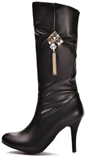 JITUUE Womens Mid Calf Slouched Heel Knee with pointed tips and drills High heeled boots Knight's style boots