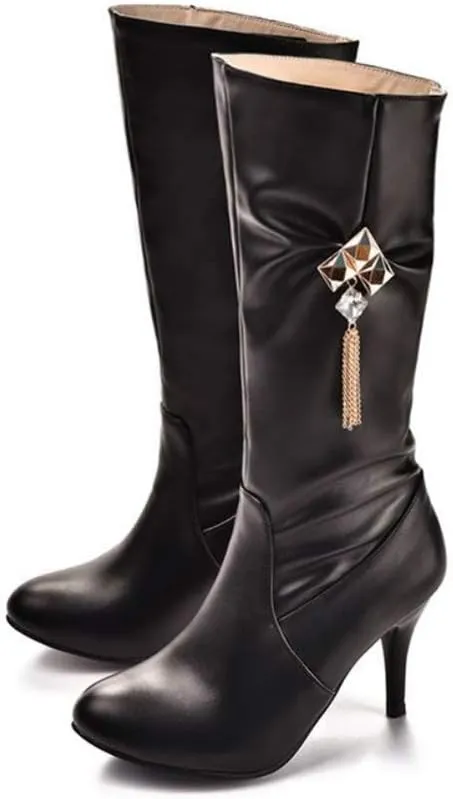 JITUUE Womens Mid Calf Slouched Heel Knee with pointed tips and drills High heeled boots Knight's style boots
