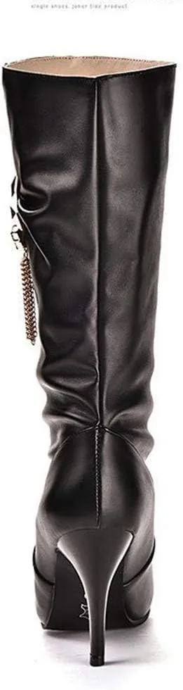 JITUUE Womens Mid Calf Slouched Heel Knee with pointed tips and drills High heeled boots Knight's style boots