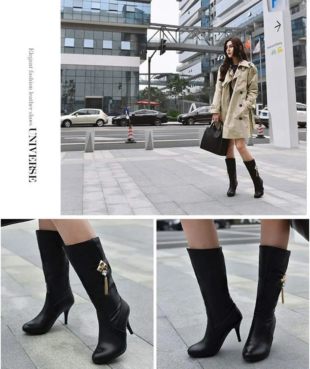 JITUUE Womens Mid Calf Slouched Heel Knee with pointed tips and drills High heeled boots Knight's style boots