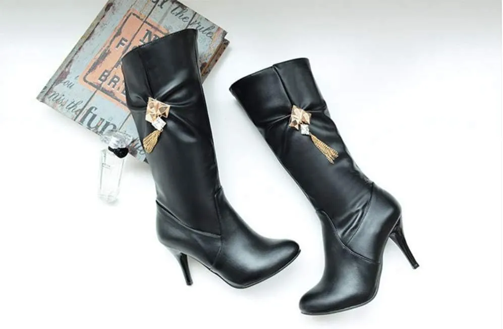 JITUUE Womens Mid Calf Slouched Heel Knee with pointed tips and drills High heeled boots Knight's style boots